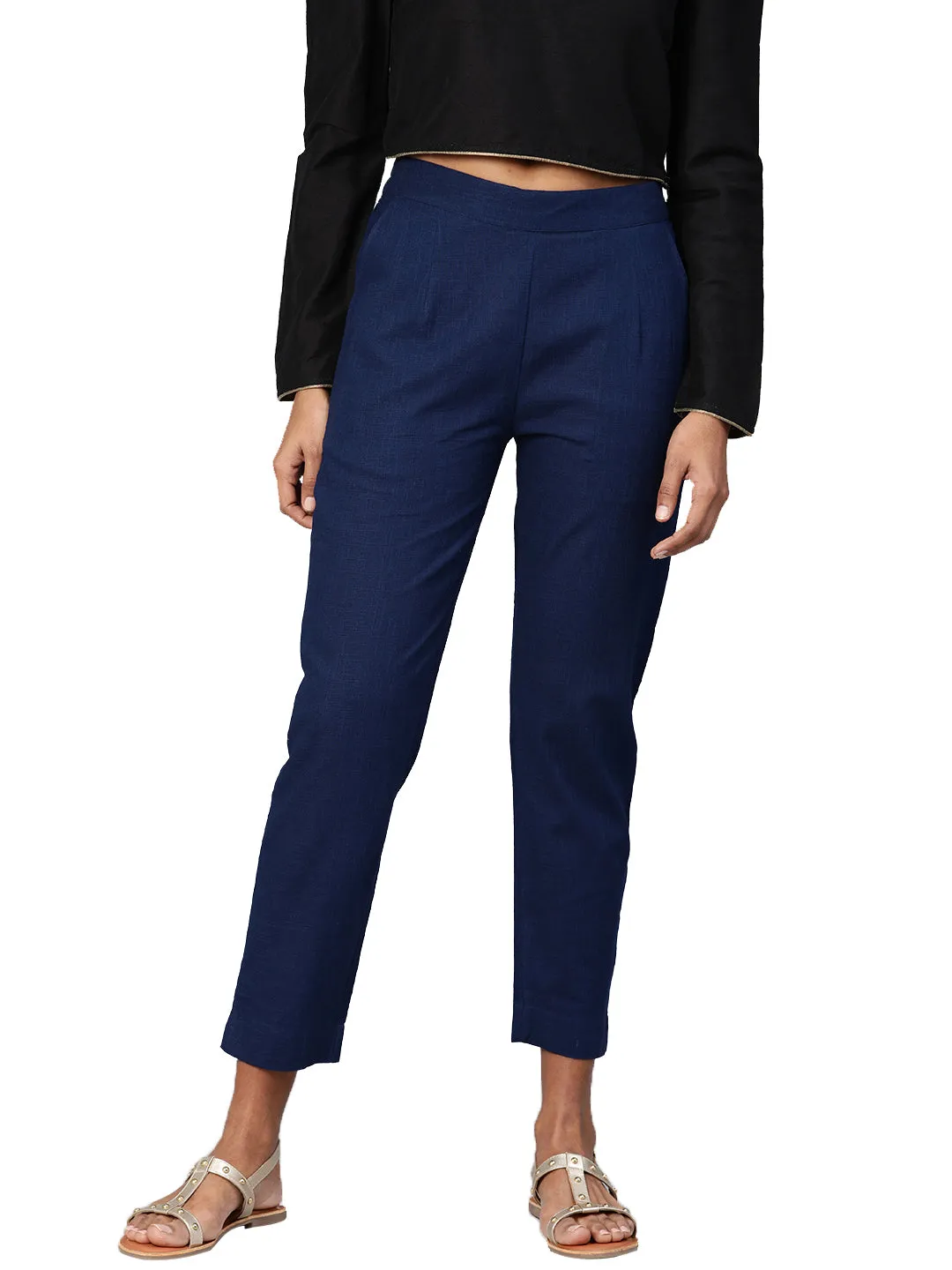 Jashvi Women Navy Blue Straight Fit Solid Regular Trousers