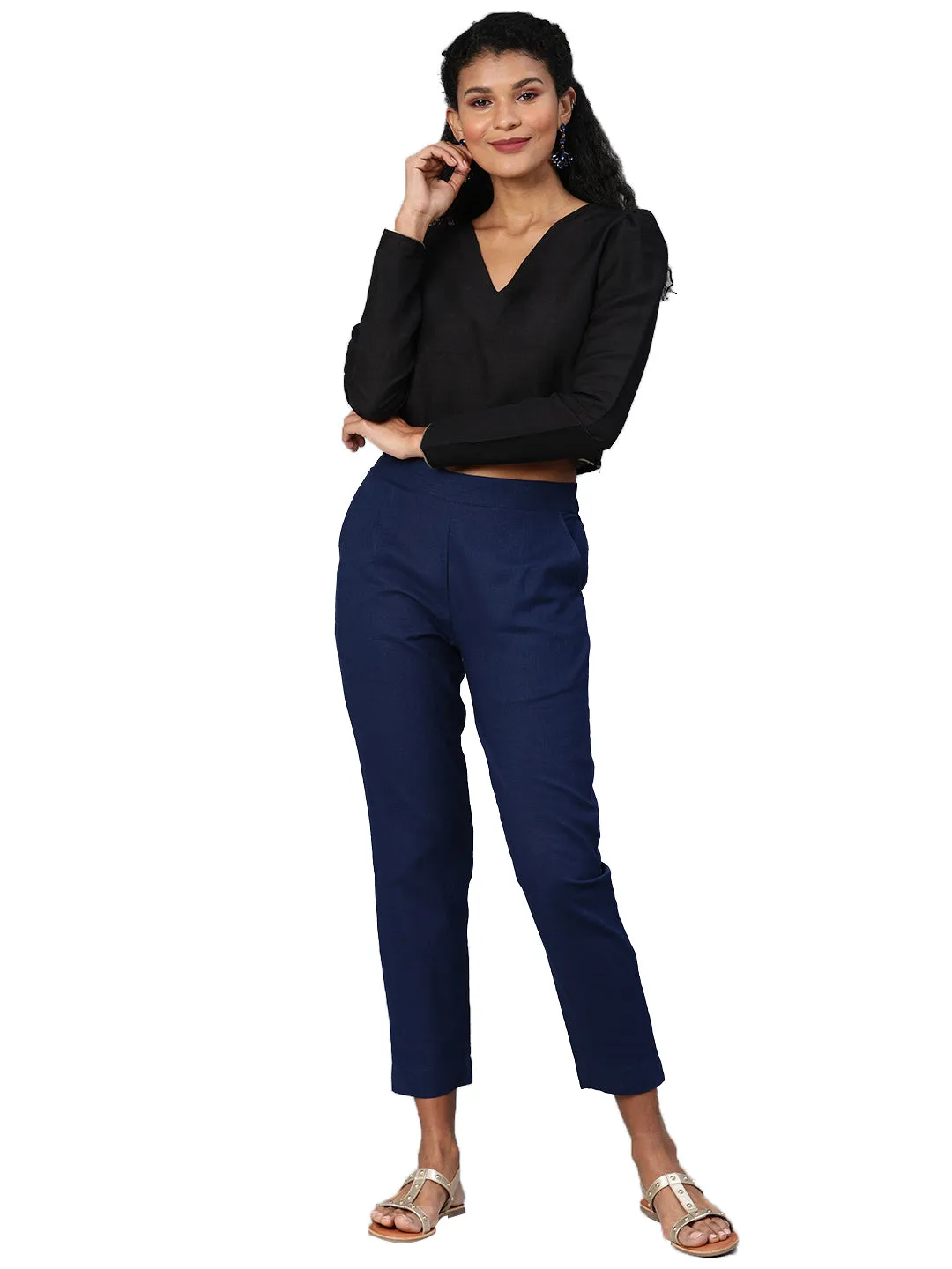 Jashvi Women Navy Blue Straight Fit Solid Regular Trousers