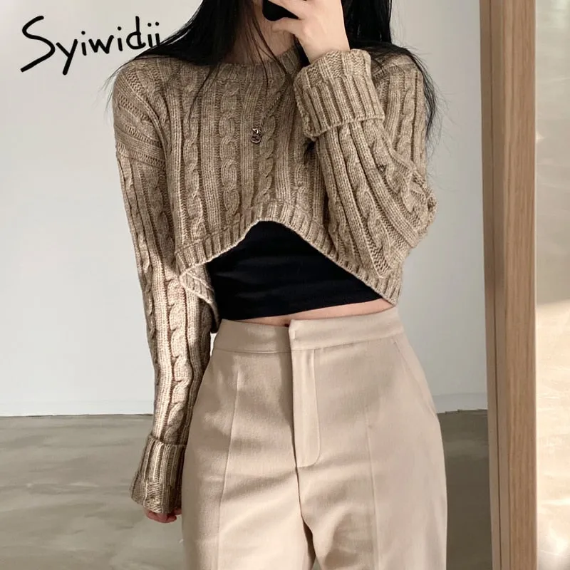 Joskaa Vintage Criss Cross Woman Crop Sweaters Autumn Winter 2024 Pullovers Long Sleeve Knitted Tops Harajuku Casual Jumpers