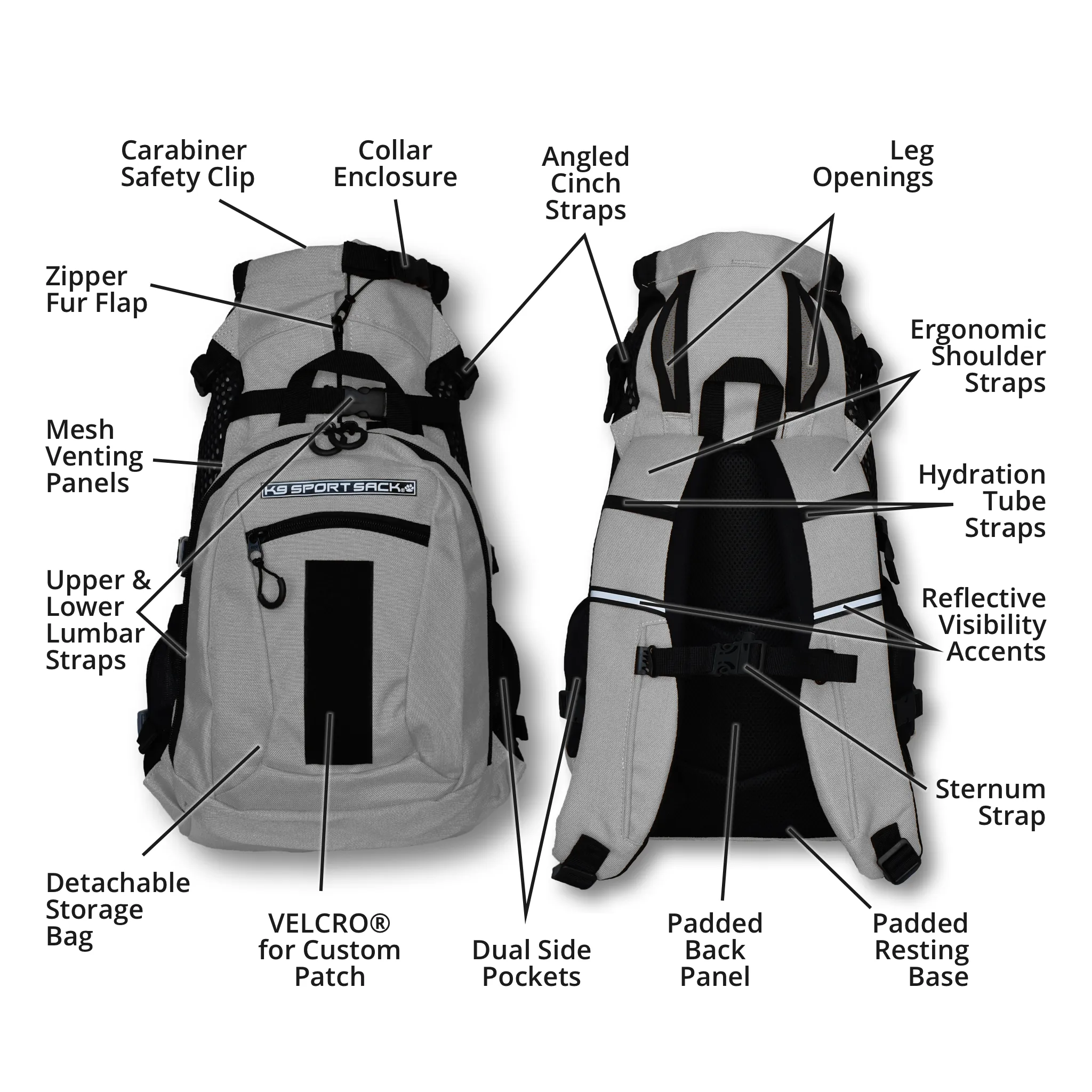 K9 Sports Sack | PLUS 2 Dog Backpack Carrier | 3 Sizes | Light Grey