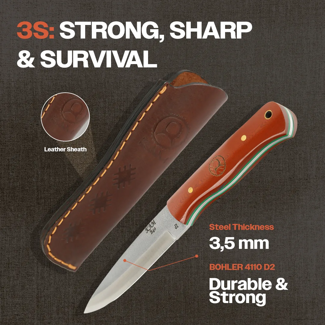 Kam Knife - B40 - D2 Steel - Red and Brown Handle - Fixed Blade