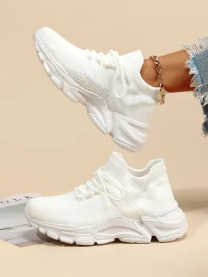 Lace-up Front High Top Chunky Sneakers, White Color Running Shoes With Solid Color Shoelaces For Women