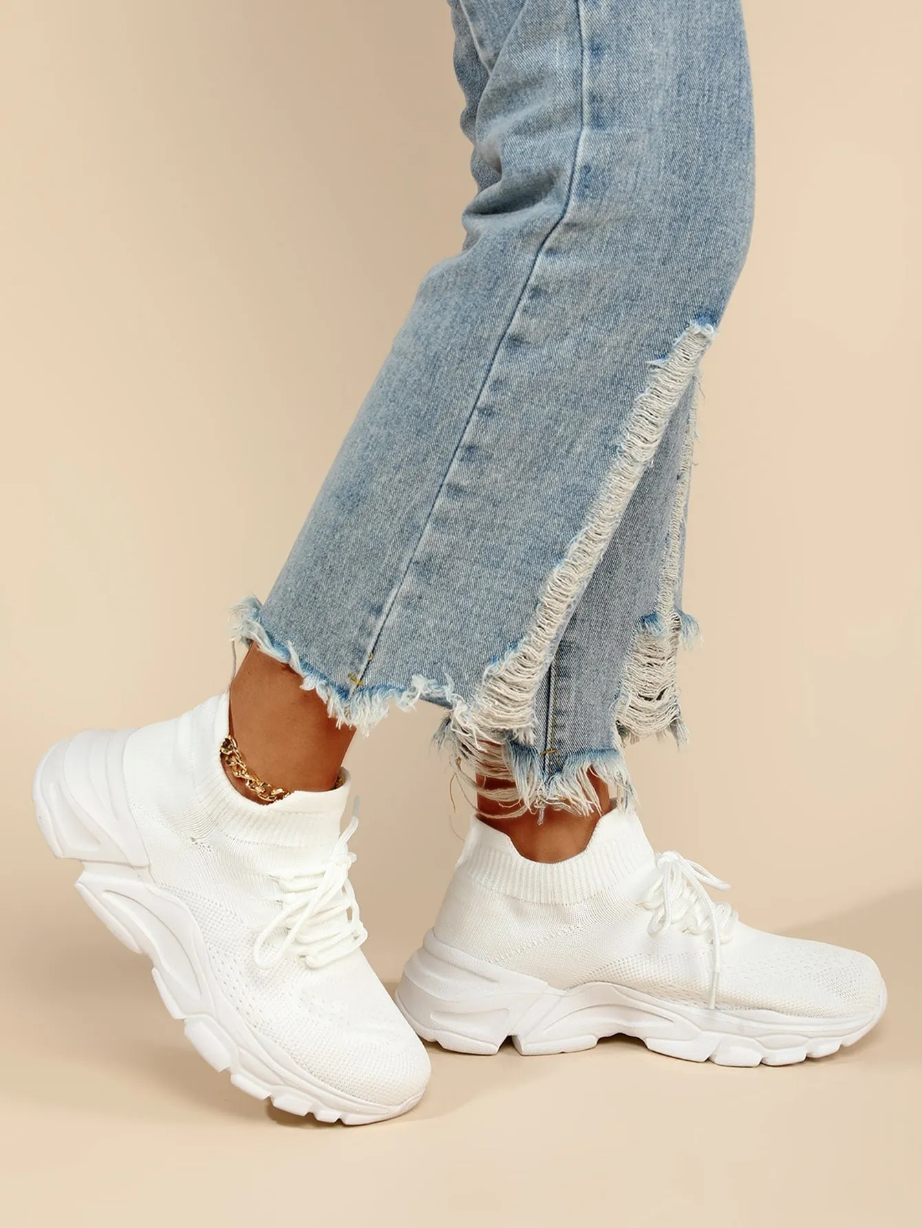 Lace-up Front High Top Chunky Sneakers, White Color Running Shoes With Solid Color Shoelaces For Women