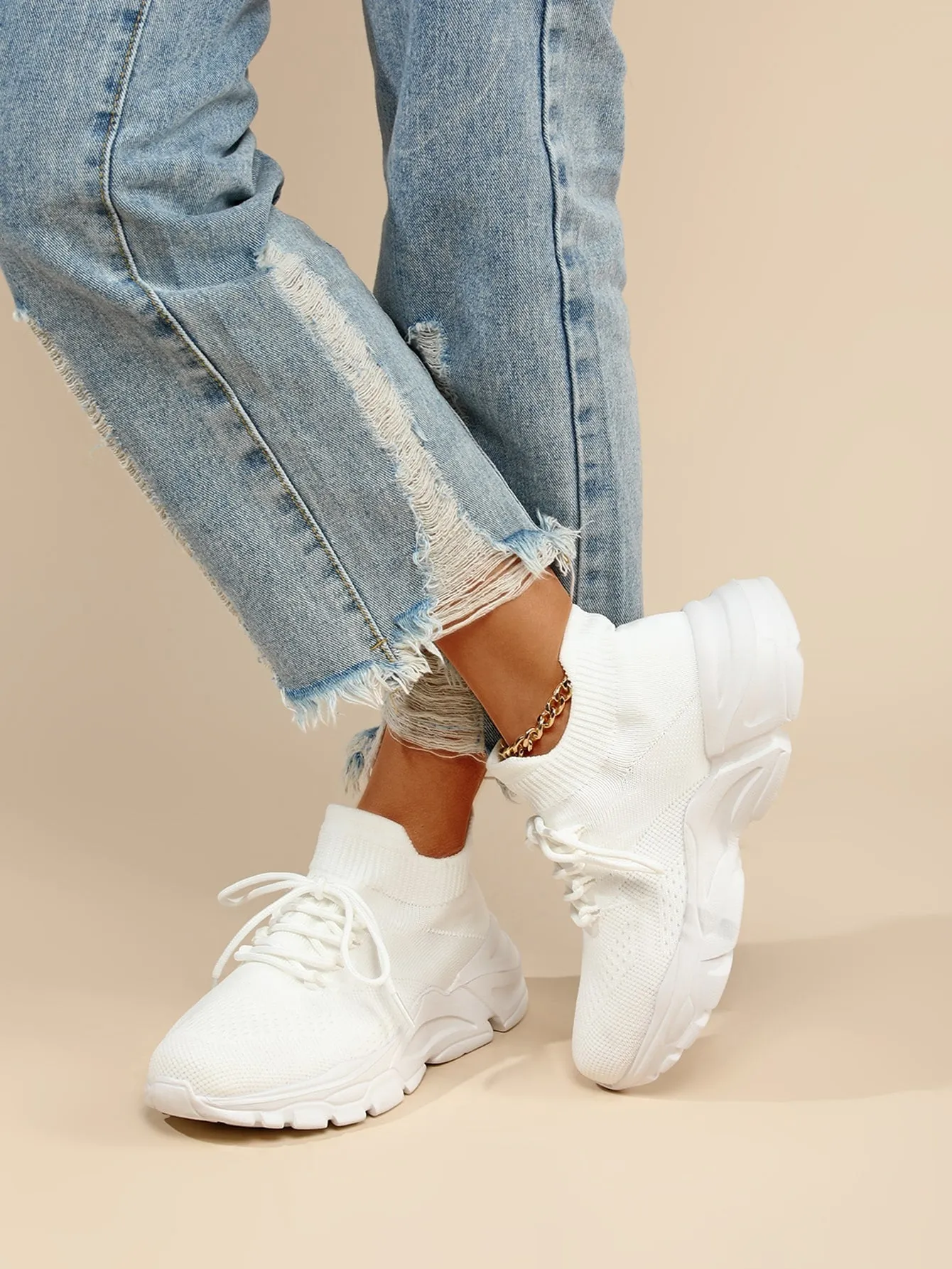 Lace-up Front High Top Chunky Sneakers, White Color Running Shoes With Solid Color Shoelaces For Women