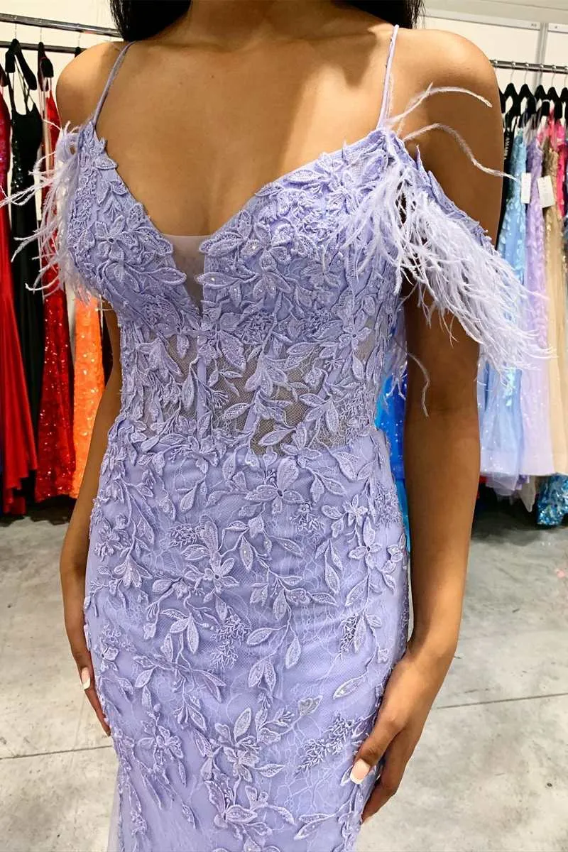 Lavender Appliques Feather Mermaid Long Prom Dress,Evening Gowns Formal Weddings