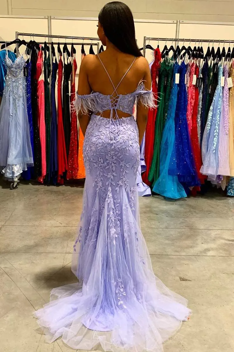 Lavender Appliques Feather Mermaid Long Prom Dress,Evening Gowns Formal Weddings