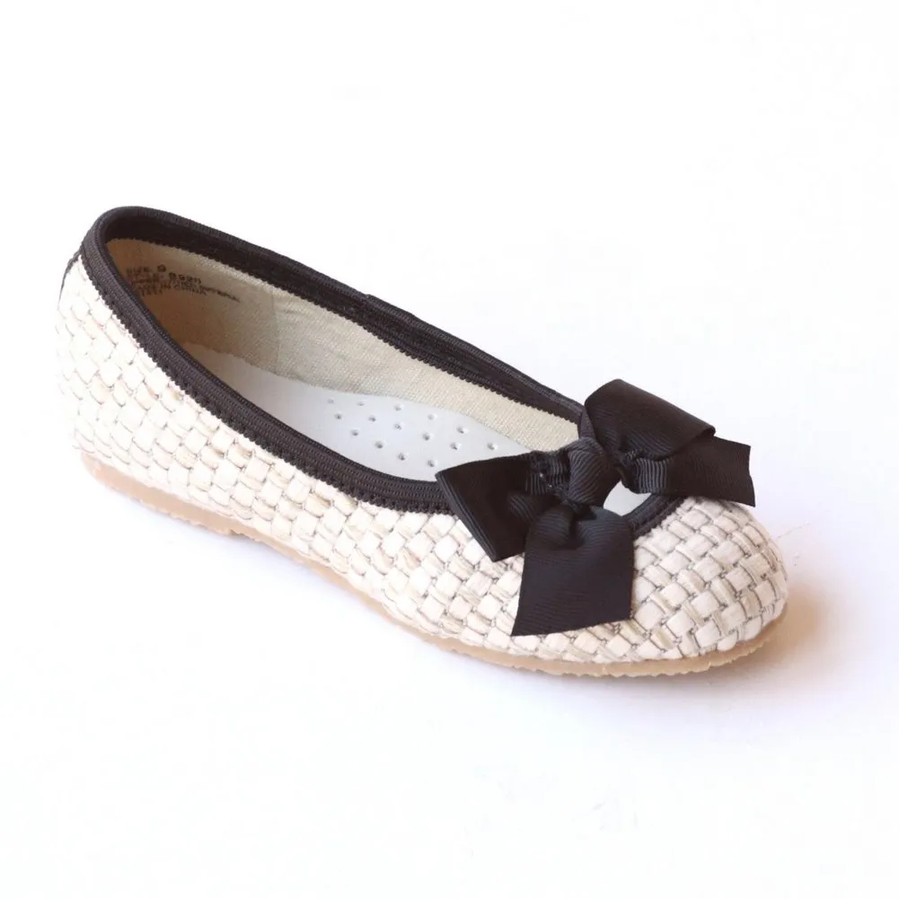 Little Girls Black Faux Straw Bow Flats 11-4 Kids