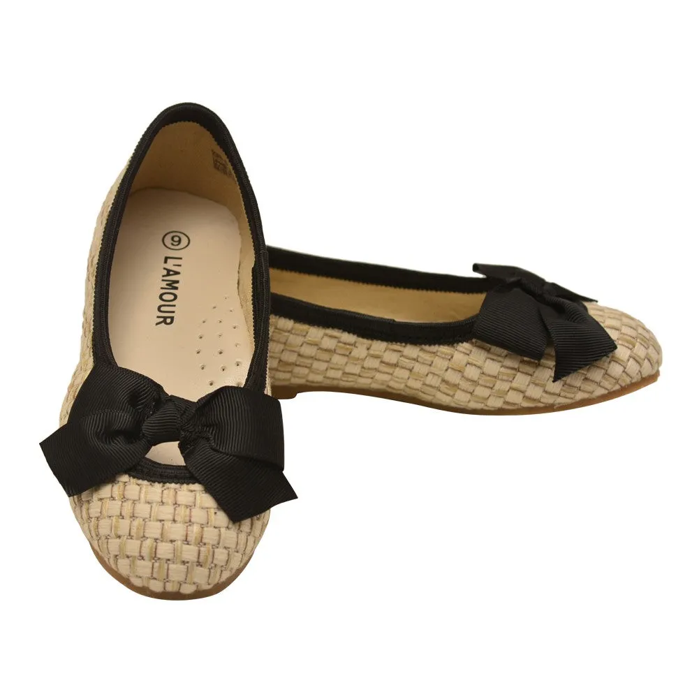 Little Girls Black Faux Straw Bow Flats 11-4 Kids