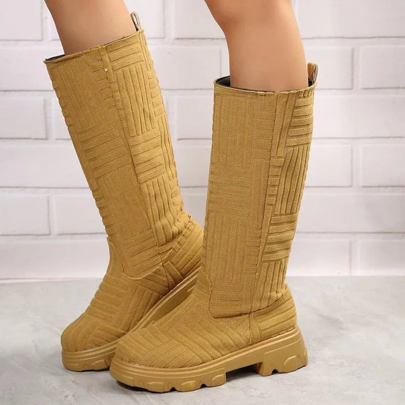 Mid Calf Boots Fashion Platform Western Boots Women Autumn Winter Shoes