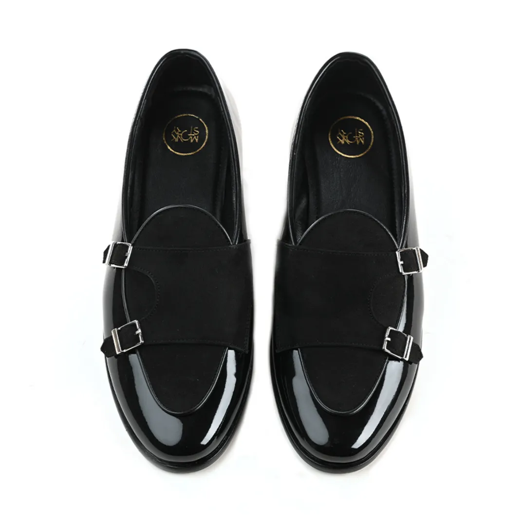 Monkstory Luxious Patent Double Monk Slip Ons - Black