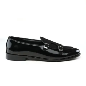 Monkstory Luxious Patent Double Monk Slip Ons - Black