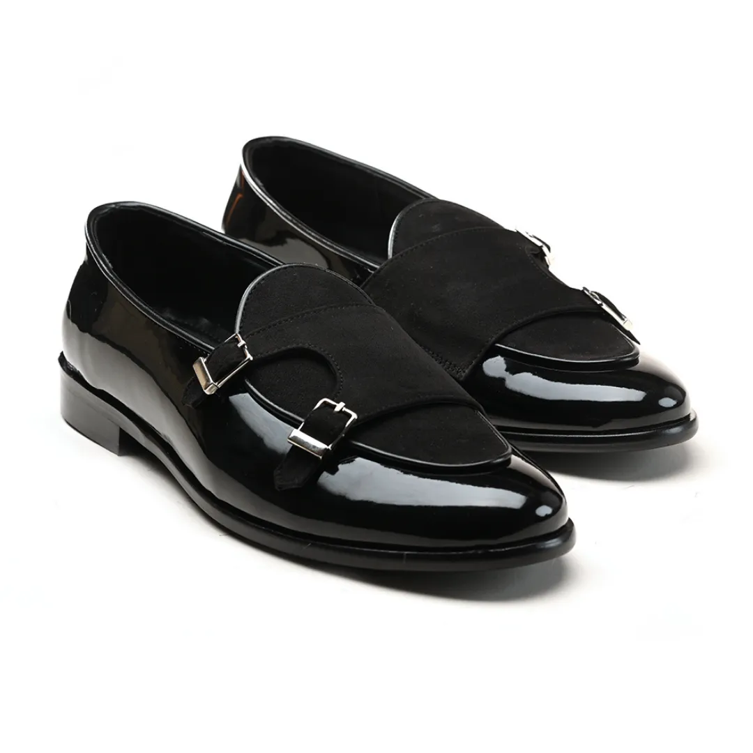 Monkstory Luxious Patent Double Monk Slip Ons - Black