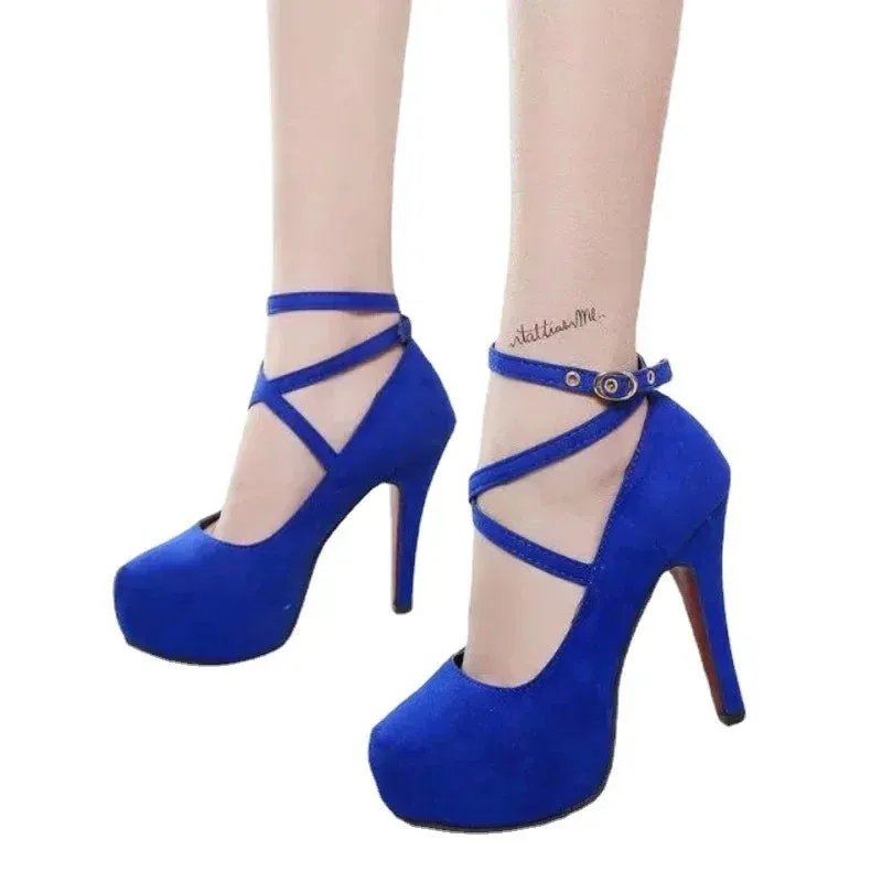 Must-have Buckle Strap Round Toe Super High Heels Shoes