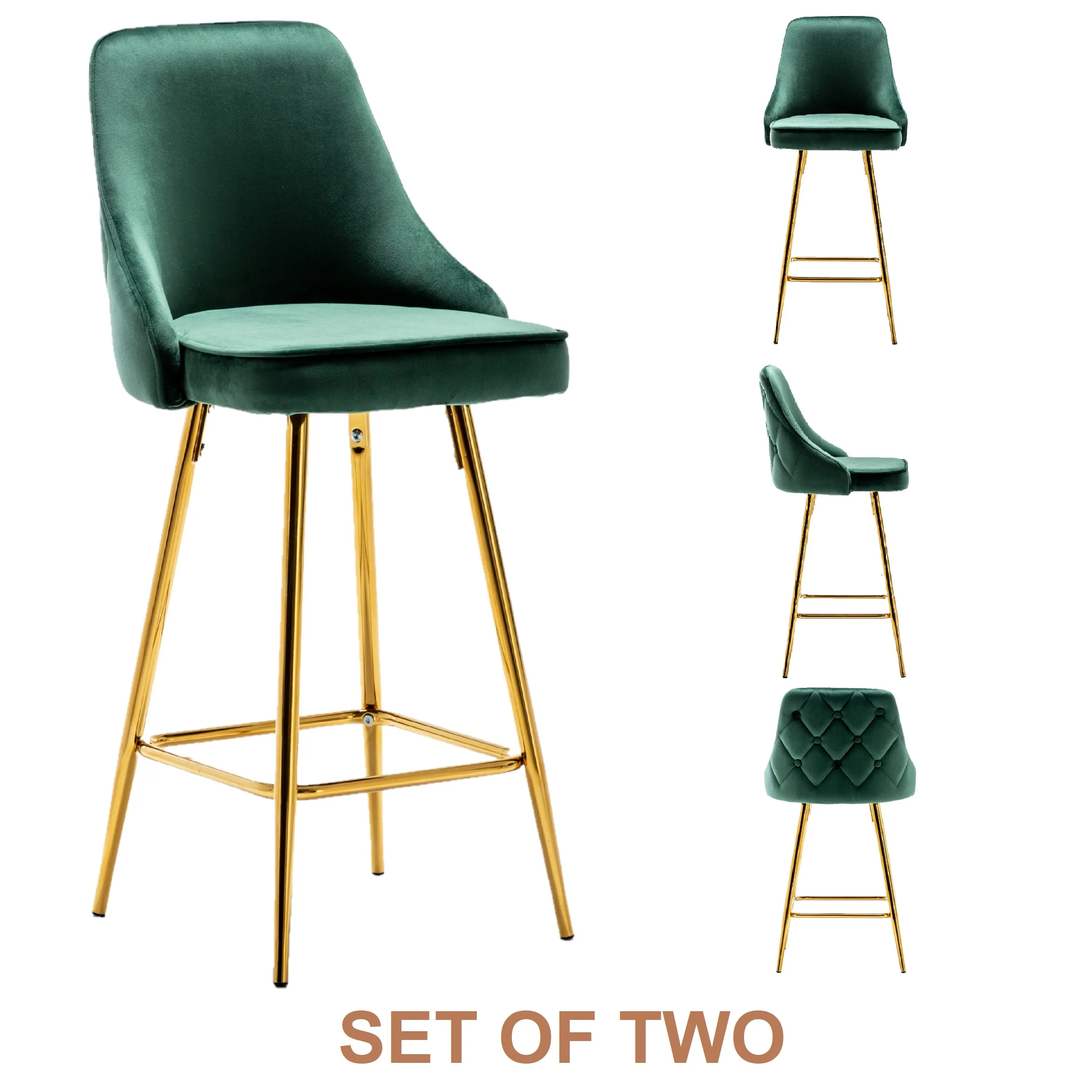 NEW TWO -Barstools Green Rahima Tufted Upholstered Modern Premium Stool Bar Chairs