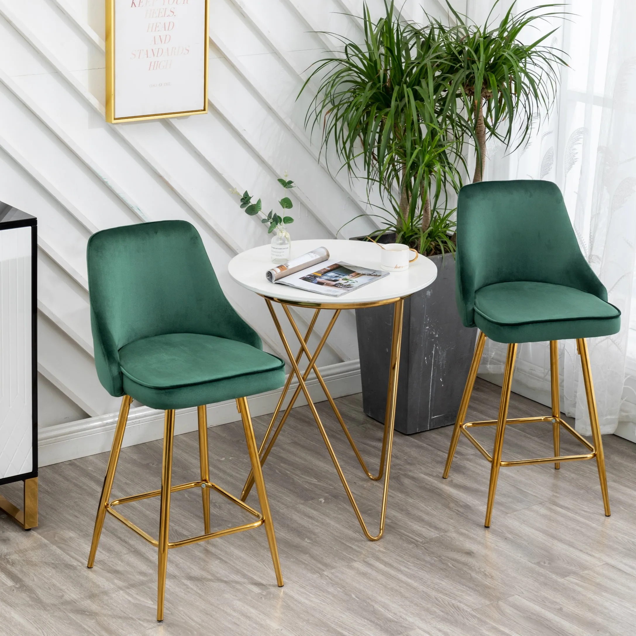 NEW TWO -Barstools Green Rahima Tufted Upholstered Modern Premium Stool Bar Chairs