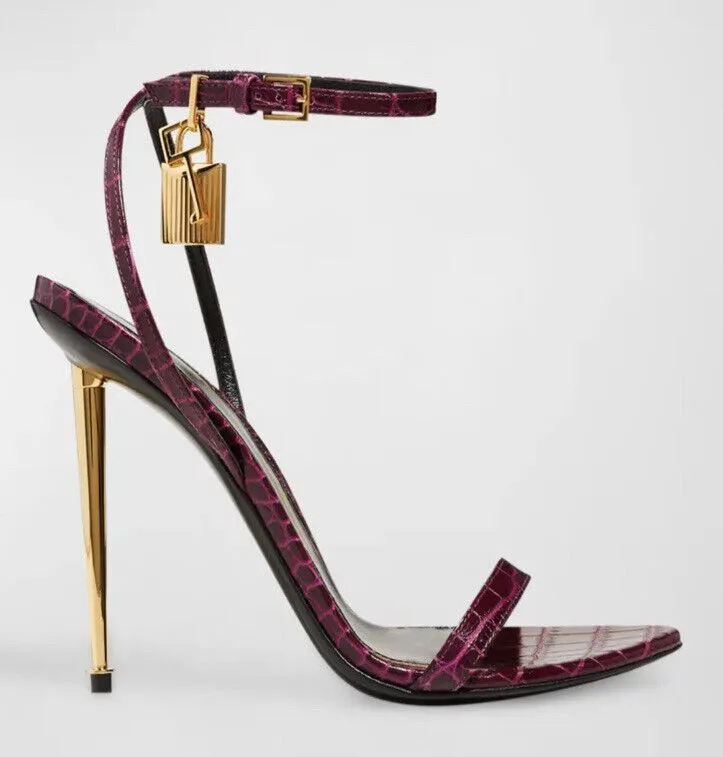 NIB $1290 TOM FORD 105mm Lock Croco Stiletto Sandals Cranberry 7 US/37 Eu