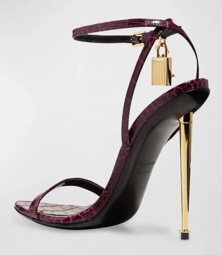 NIB $1290 TOM FORD 105mm Lock Croco Stiletto Sandals Cranberry 7 US/37 Eu