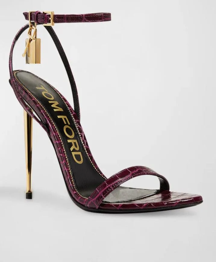 NIB $1290 TOM FORD 105mm Lock Croco Stiletto Sandals Cranberry 7 US/37 Eu