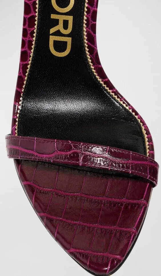 NIB $1290 TOM FORD 105mm Lock Croco Stiletto Sandals Cranberry 7 US/37 Eu