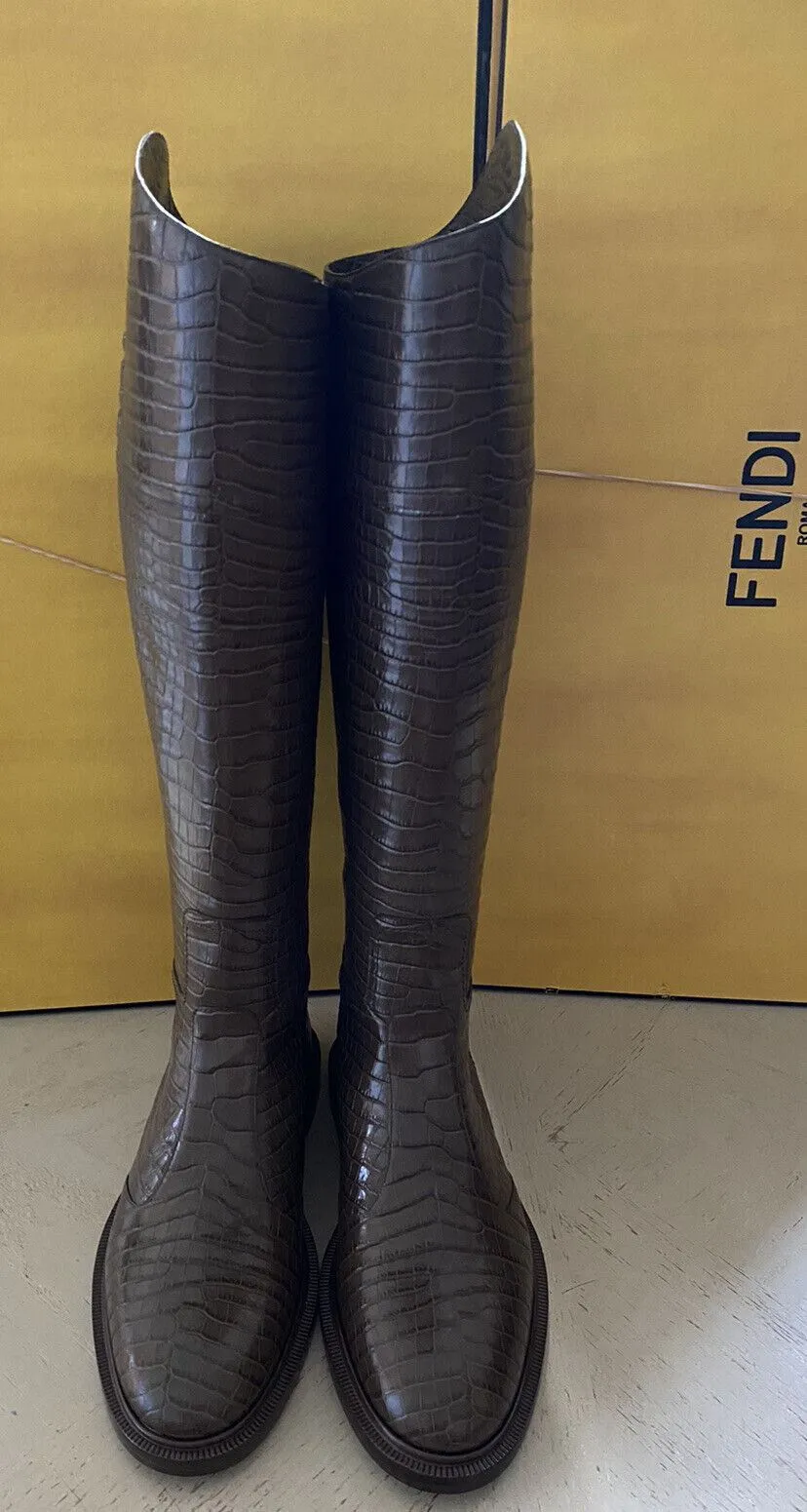 NIB $1590 Fendi Women Croc Embossed Leather Boots Shoes Color Maya 10/40 Eu