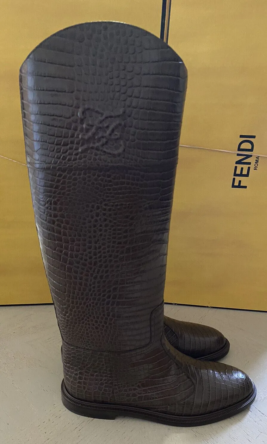 NIB $1590 Fendi Women Croc Embossed Leather Boots Shoes Color Maya 10/40 Eu