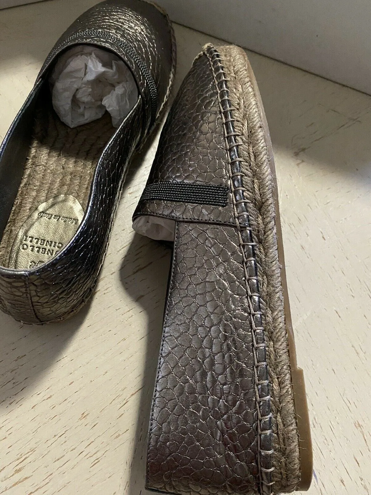 NIB $750 Brunello Cucinelli Women Leather Espadrille Shoes Bronze 8 US/38 Eu