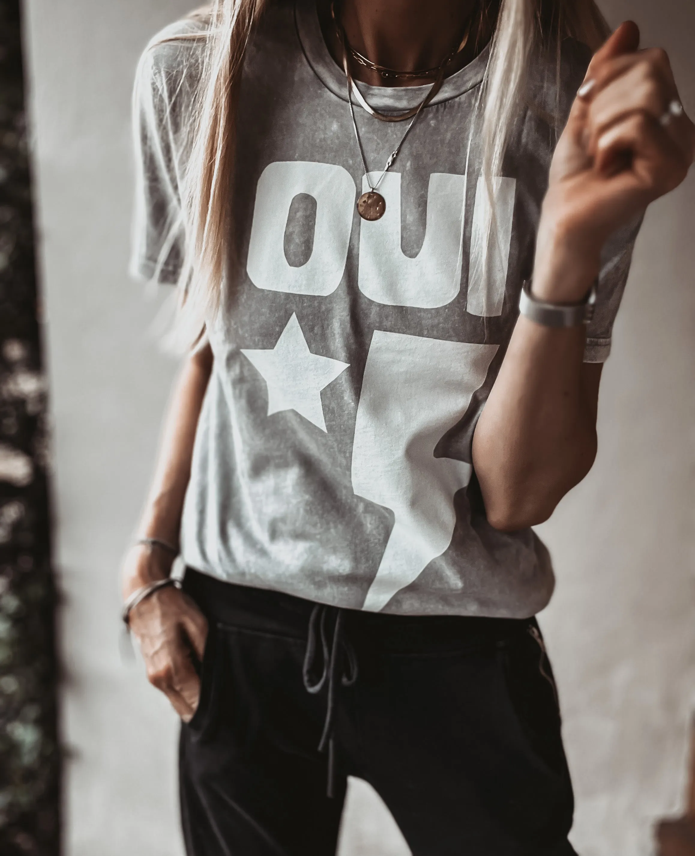 OUI light vintage grey star & strike tee *boyfriend fit*