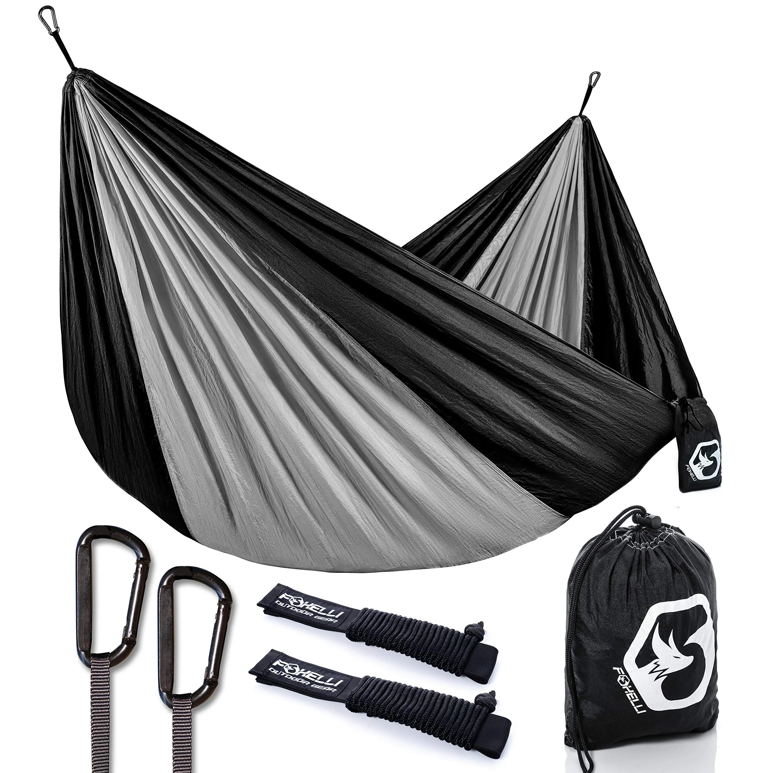 Parachute Nylon Camping Hammock with Tree Ropes & Carabiners - Foxelli