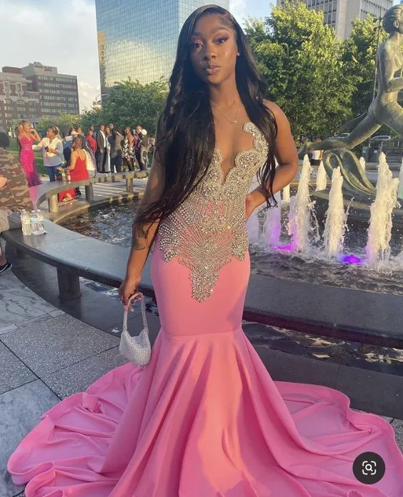 Pink Mermaid Long Prom Dress With Crystal Elegant Evening Dress for Black Girls