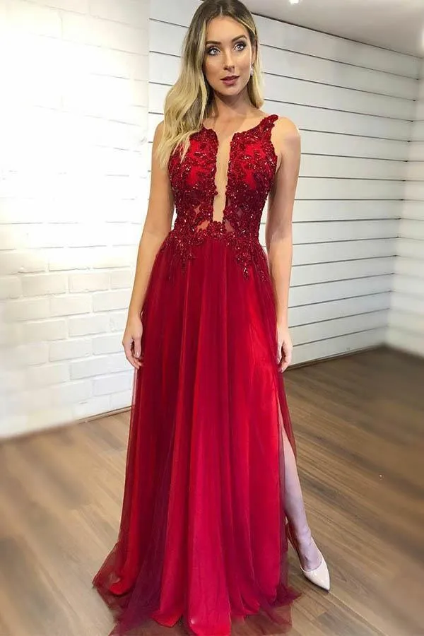 Plunging V-Neck Dark Red Beaded Tulle Prom Evening Dress With Side Slit