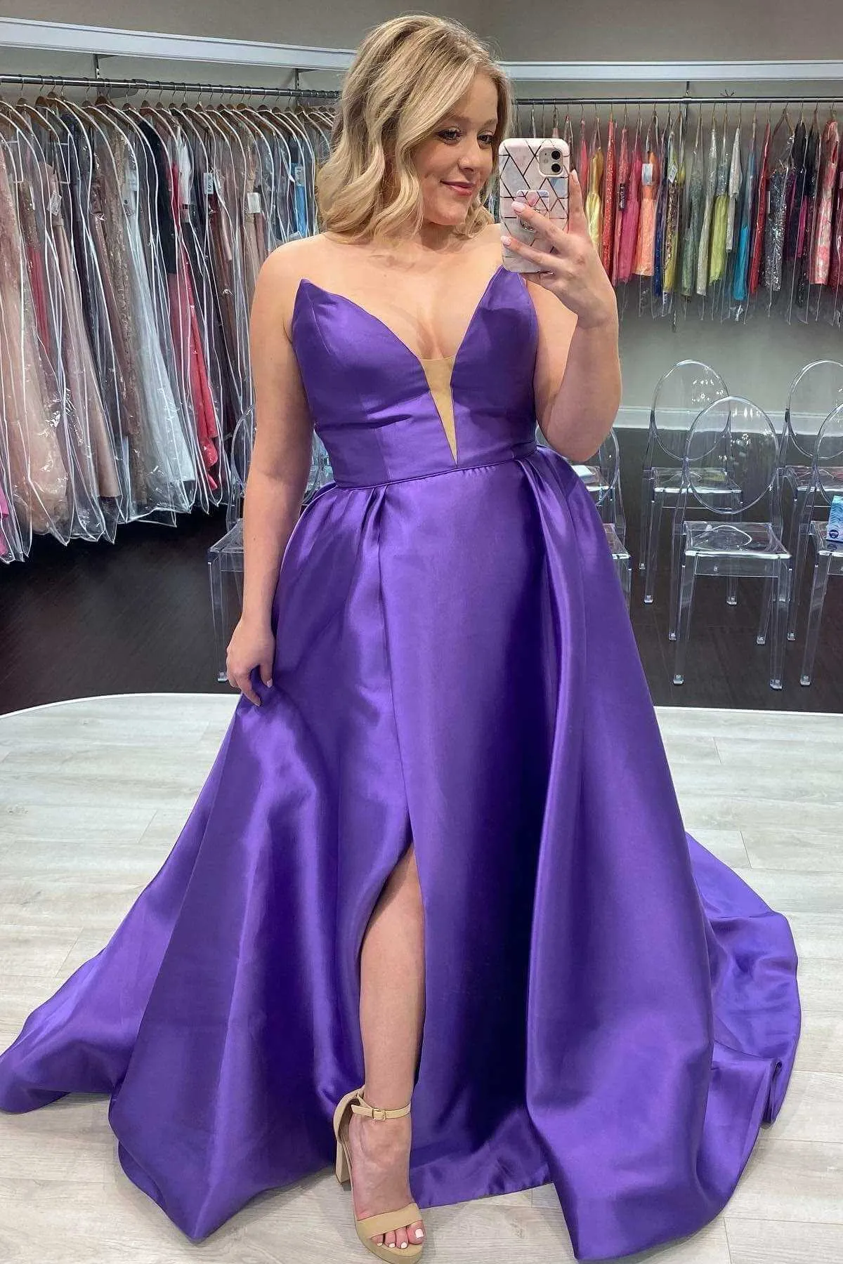 Purple A-Line Prom Dress with Slit,Plus Size Satin Formal Dresses