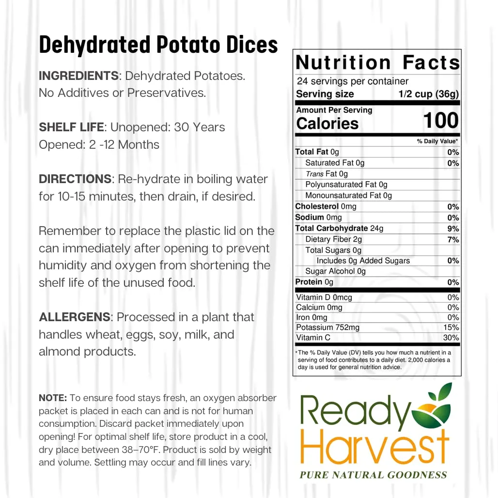 Ready Harvest Dehydrated Diced Potatoes - 30 Year Shelf Life - #10 Can