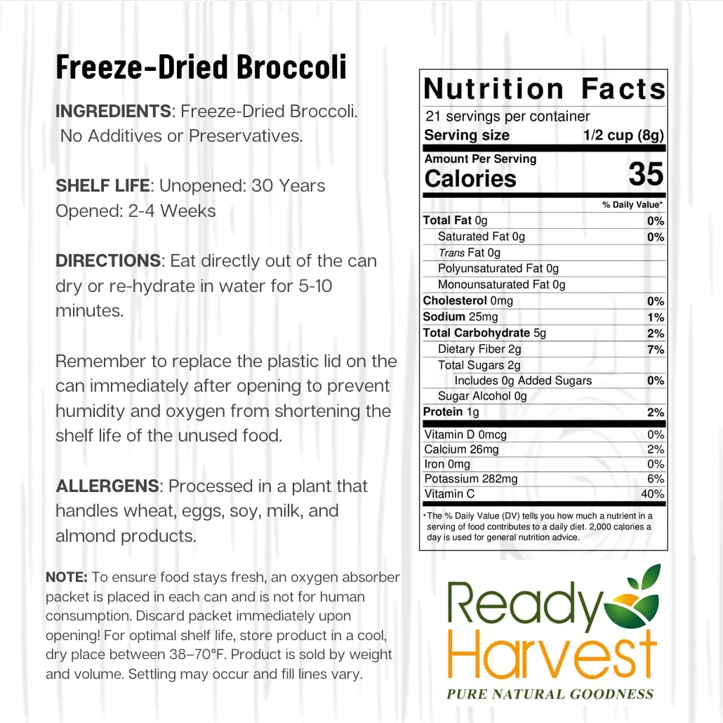 Ready Harvest Freeze-Dried Broccoli Florets - 30 Year Shelf Life - Six #10 Cans