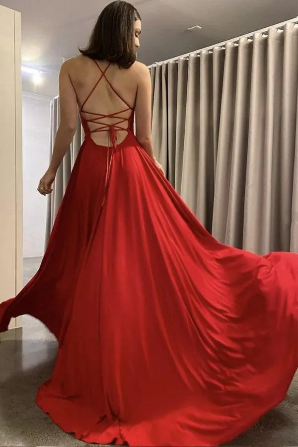 Red Chiffon A line Spaghetti Straps Long Prom Dress Evening Dress  PSK247