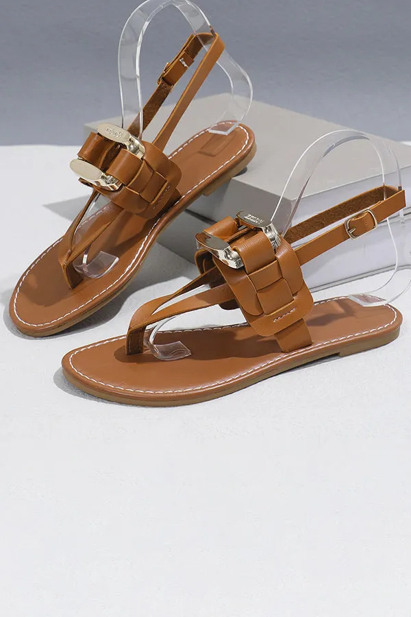 Round Toe Thong Metal Buckle Flat Sandals