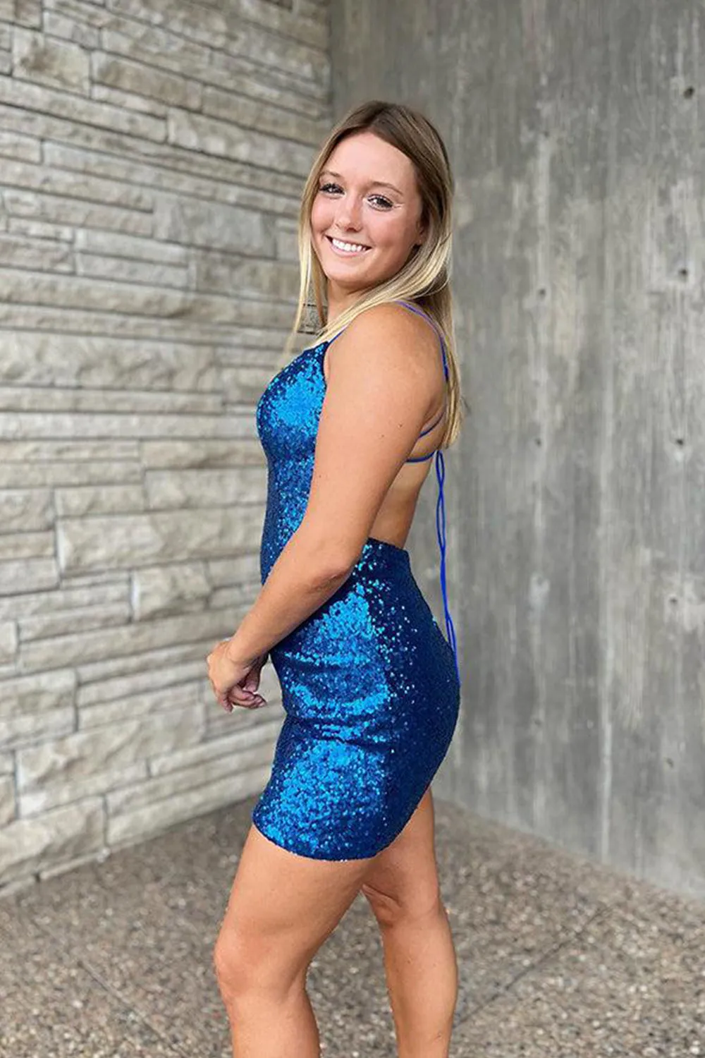 Royal Blue Tight Sequins Backless Homecoming Dress