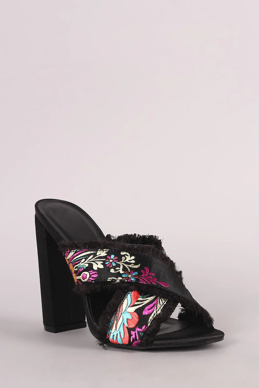 Satin Floral Embroidery Crisscross Mule Chunky Heel