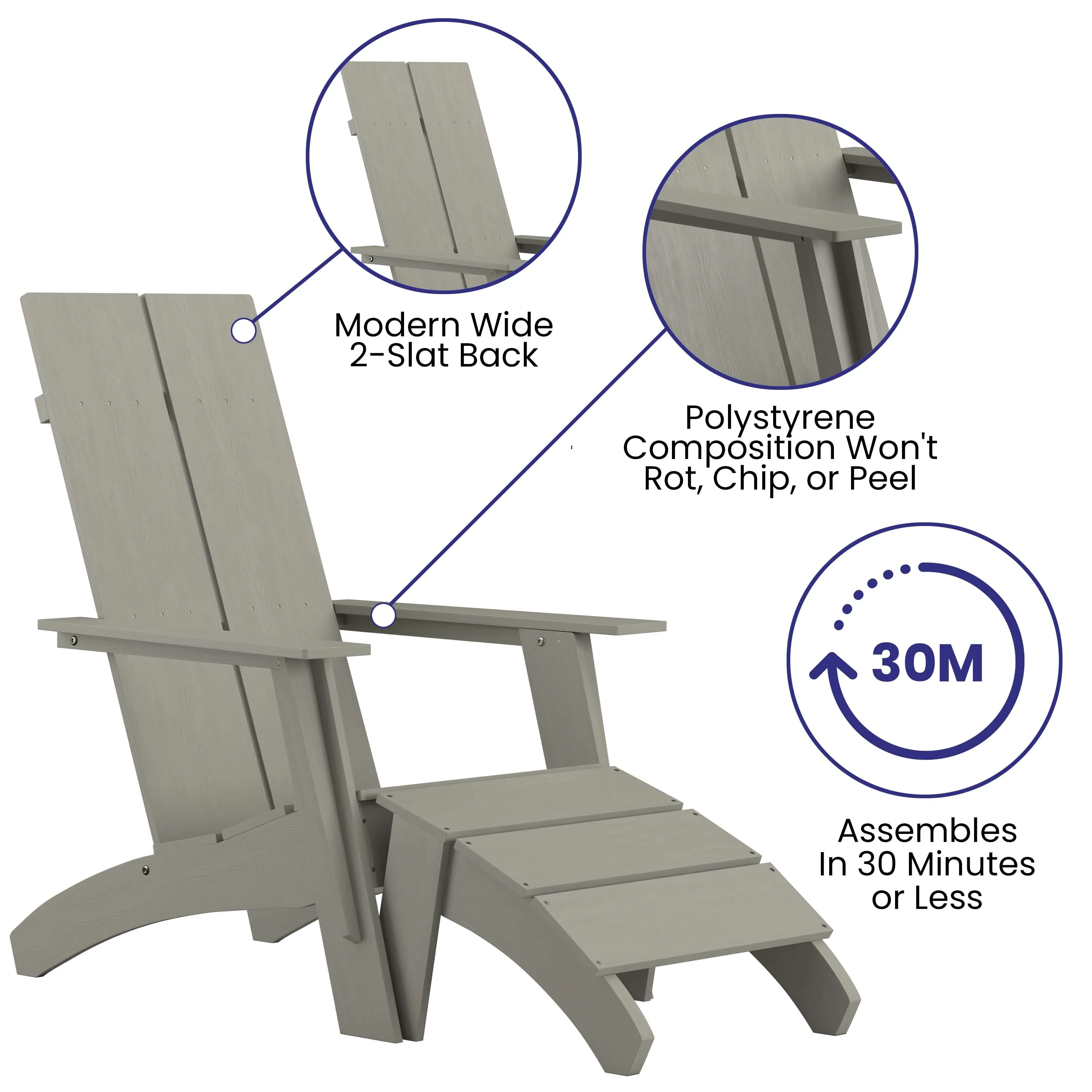 Sawyer Modern All-Weather Poly Resin Wood Adirondack Chair with Foot Rest