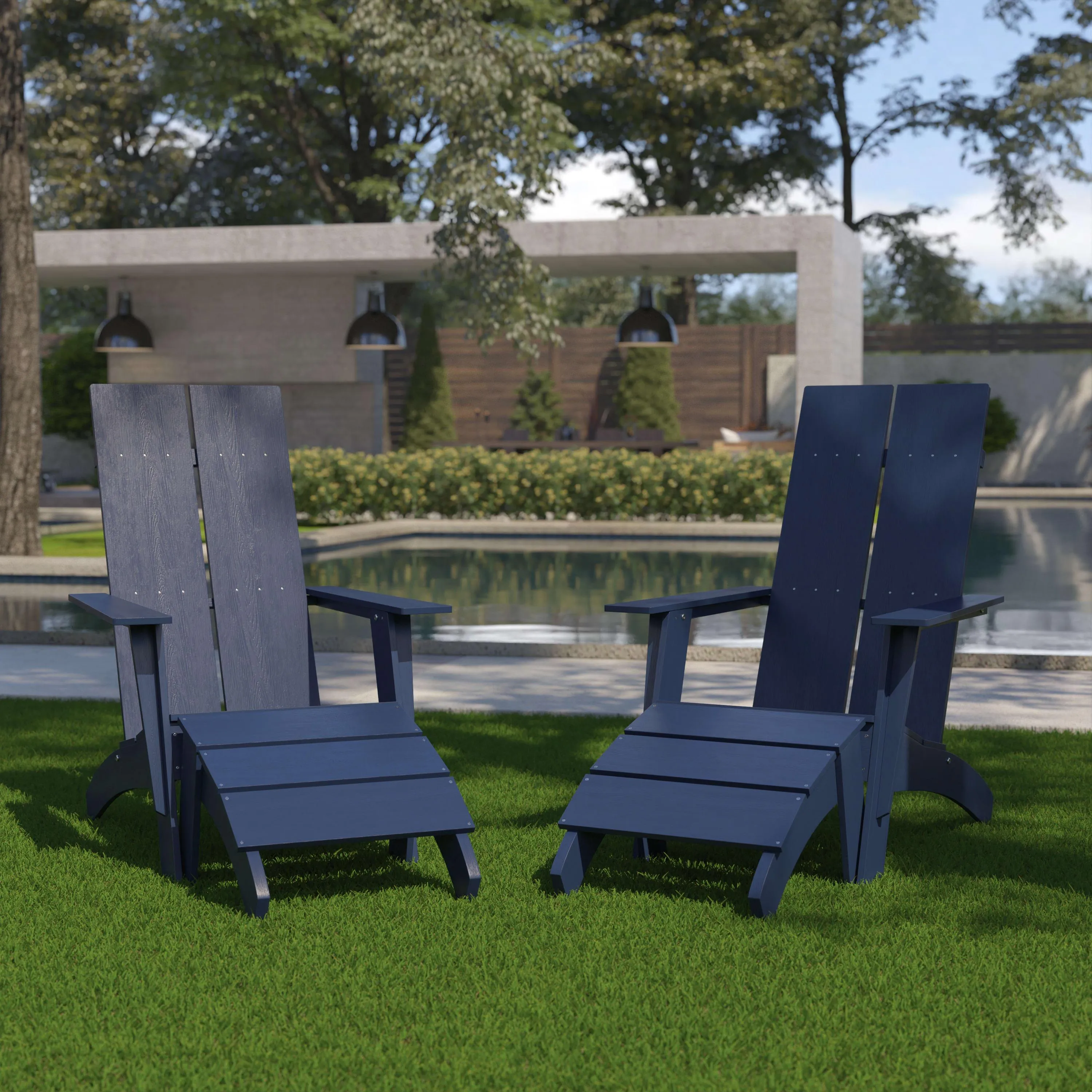 Set of 2 Sawyer Modern All-Weather Poly Resin Wood Adirondack Chairs with Foot Rests