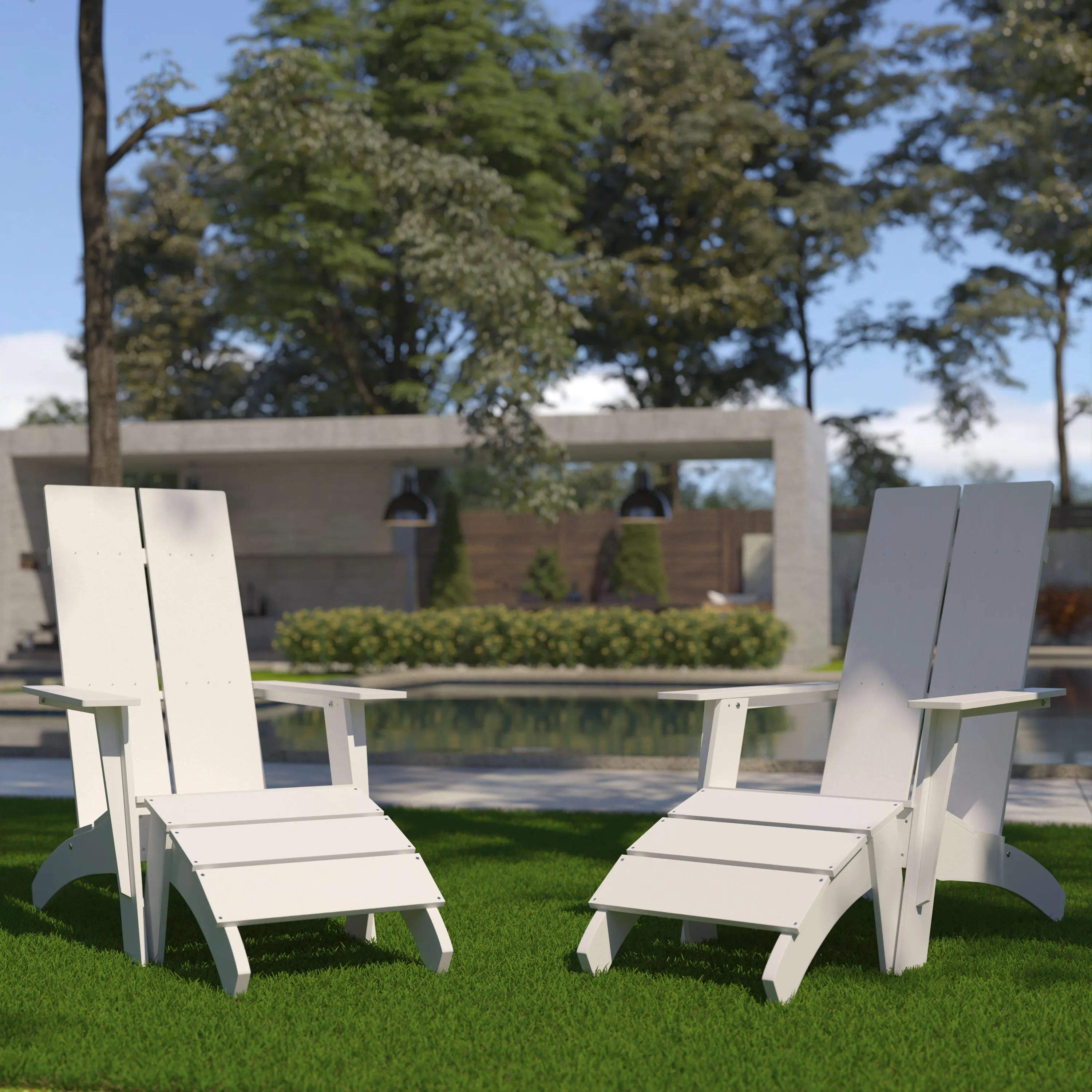 Set of 2 Sawyer Modern All-Weather Poly Resin Wood Adirondack Chairs with Foot Rests