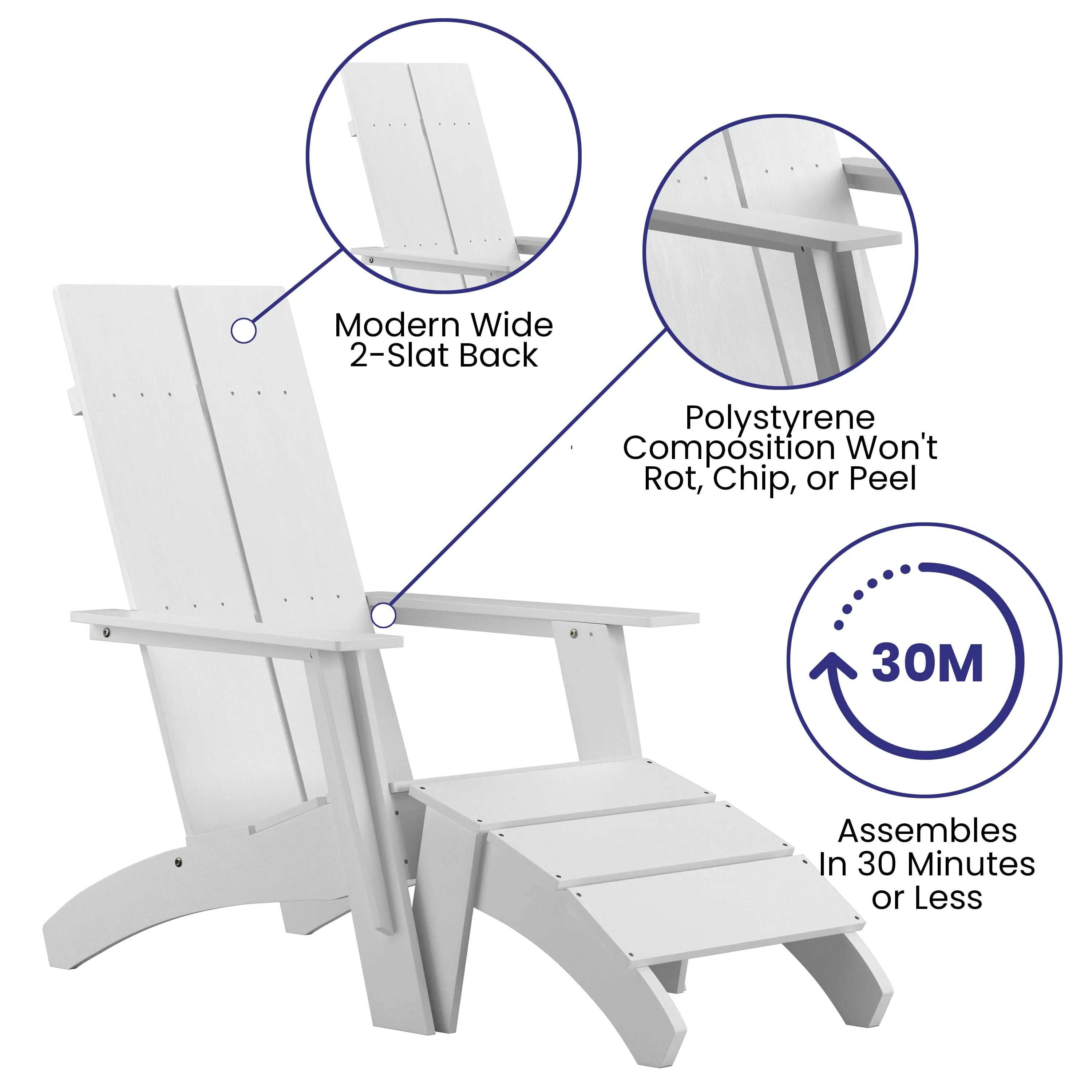 Set of 2 Sawyer Modern All-Weather Poly Resin Wood Adirondack Chairs with Foot Rests