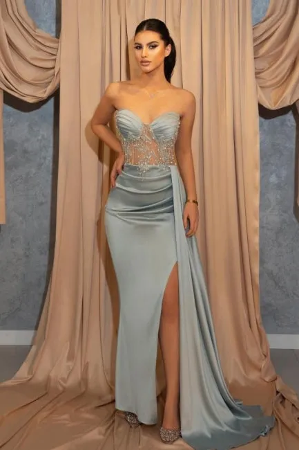 Sexy Long Sky Blue Slit Mermaid Prom Dresses with Ruffles