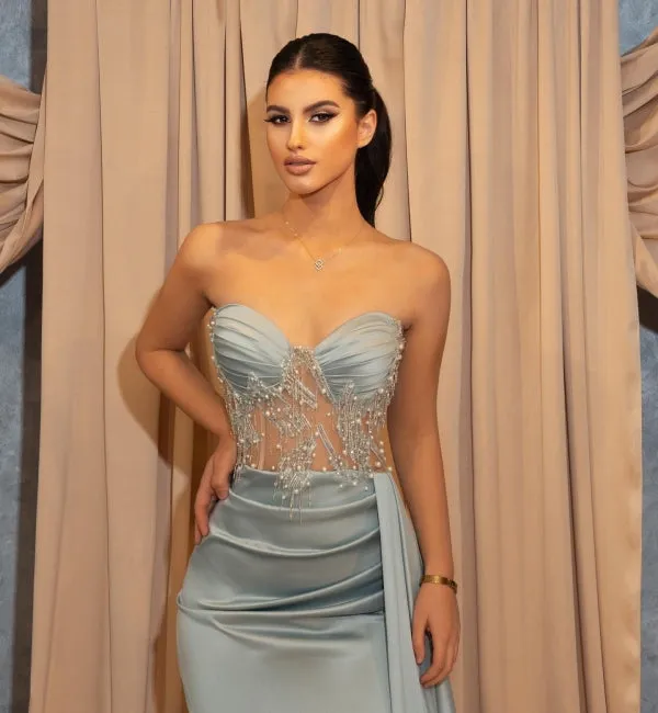 Sexy Long Sky Blue Slit Mermaid Prom Dresses with Ruffles