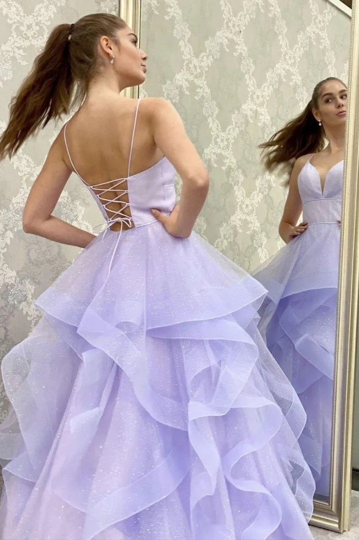 Sparkly A line Lilac Tulle V Neck Long Prom Evening Dress With Sleeveless PSK253