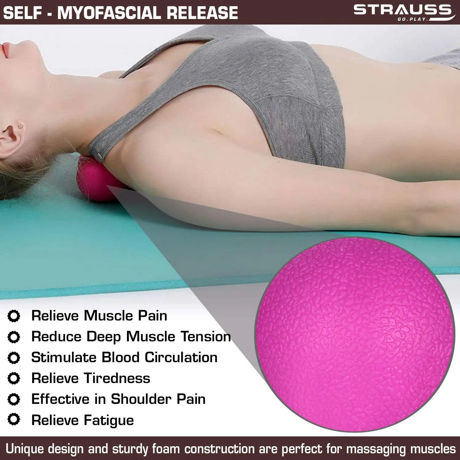 Strauss Foam Roller (Pink), 30 cm and Dual Yoga Massage Ball (Pink)