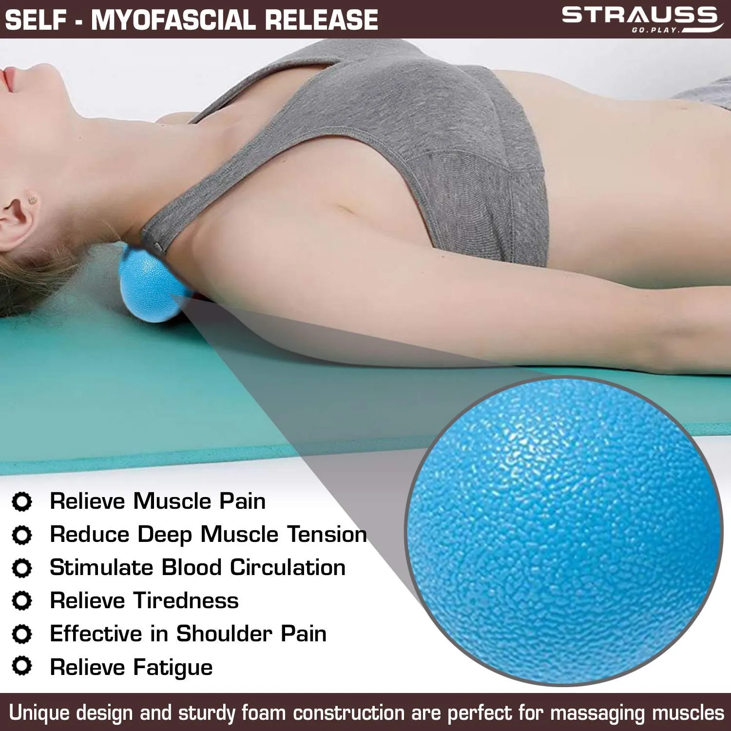 Strauss Foam Roller (Sky Blue), 30 cm and Dual Yoga Massage Ball (Blue)