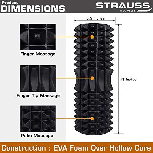 Strauss ST-1441 Grid Foam Roller (Black), 33 cm and Yoga Block (Black)