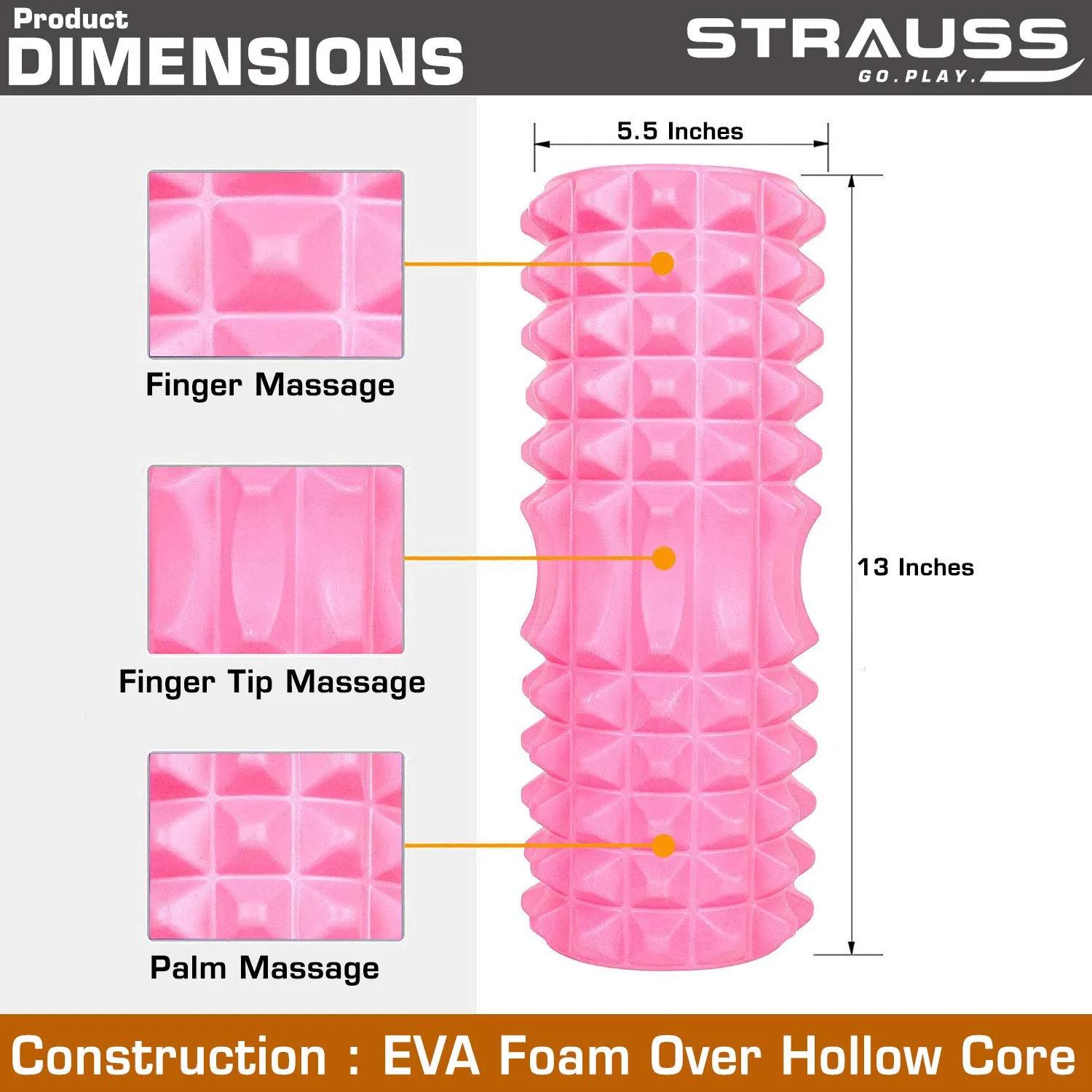 Strauss ST-1442 Grid Foam Roller (Pink), 33 CM and Yoga Block (Pink)