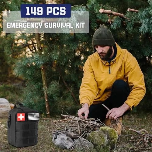 Survival Kits, 149Pcs Survival Gear First Aid Kit IFAK with Molle System Essential Camping Gear Emergency Medical Supplies for Car Fishing Hunting Outdoor Adventure, Camping Essentials