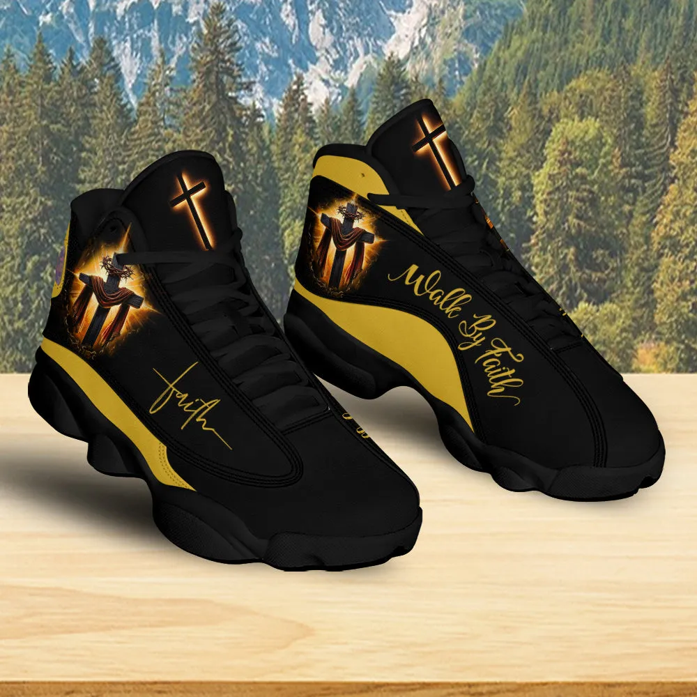 Teesdily | Jesus Cross Art Basketball Shoes, Walk By Faith Sparkle Cross Running Shoes, Christian Unisex Basketball Shoes Gift